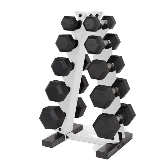 CAP Barbell 150 LB Coated Hex Dumbbell Weight Set with Vertical Rack, White, New Edition
