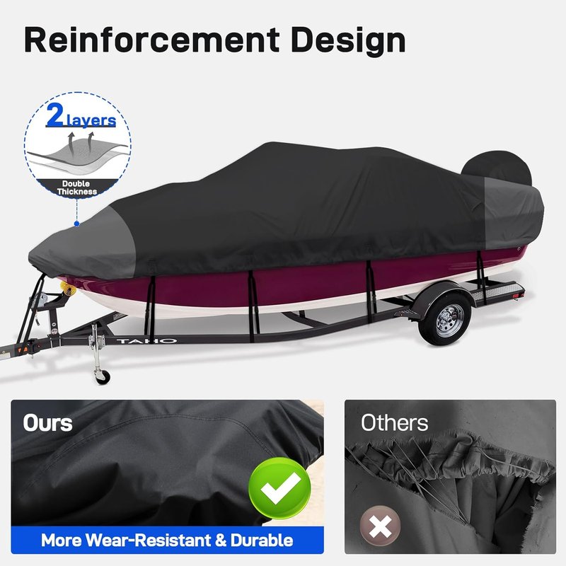 Bass Boat Covers | 600D Heavy Duty Waterproof Cover for 17-19ft V-Hull & Fishing Boats - Includes Motor Cover