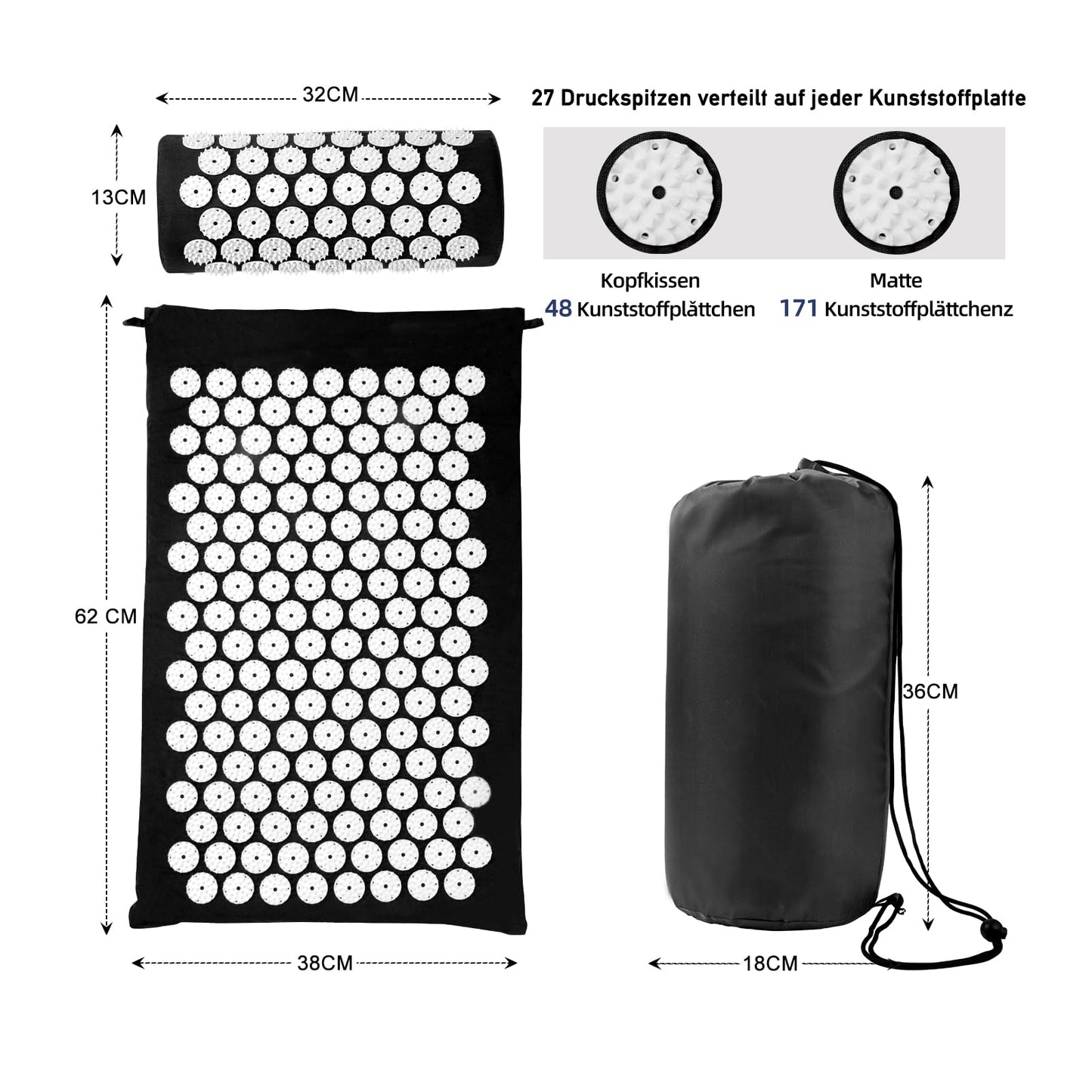 Acupressure Mat Set, Acupuncture Point Massage Pillow, Relieving Neck and Back Pain, Muscle Relaxation and Stress Reduction, Sciatica Relief, Suitable for Men and Women, Carry a Handbag, Black White