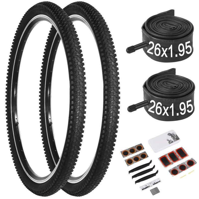 26 Inch Bike Tire, 2Pack 26 x 1.95 Bike Tires & Tubes with Repair Kit, Folding Portable 26 MTB Tires, Replaceable Bicycle Tires 26x1.95 with Inner Tubes and Levers for City Roads, Muddy Trails