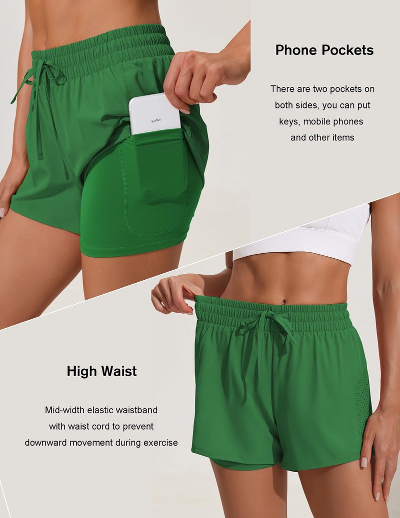 PINSPARK Womens Quick Dry Running Shorts Gym Breathable Athletic Workout Shorts with Soft Liner 2 Pockets Hight Waist Active Shorts Green M