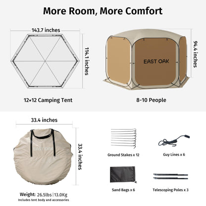 East Oak 12×12 FT Pop Up Canopy Tent with Mesh | Outdoor Screen House with 4 Sunshades | Instant Canopy with Portable Carry Bag | Gazebo Tent for Camping, Patio, and Beach | Beige