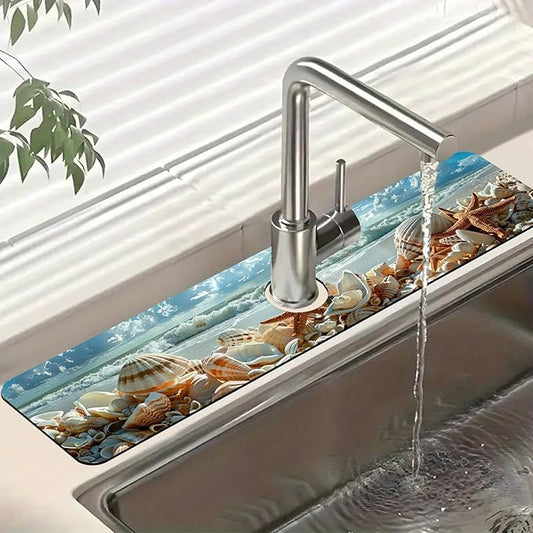 Beach Sink Splash Guard Shells Starfish Waves Faucet Absorbing Mat Fast Drying