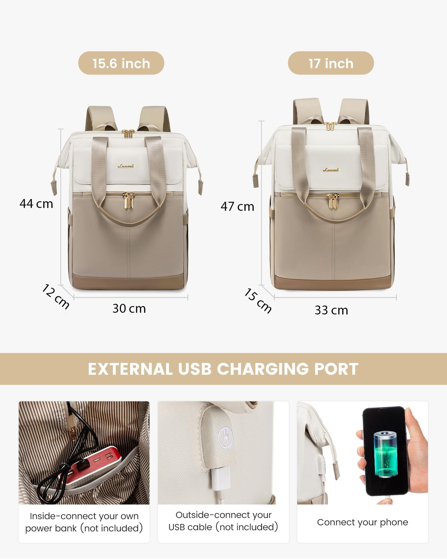 LOVEVOOK Women Backpack Laptop Backpack School Bag Waterproof, Beige and Khaki, 15,6 pouces, Casual