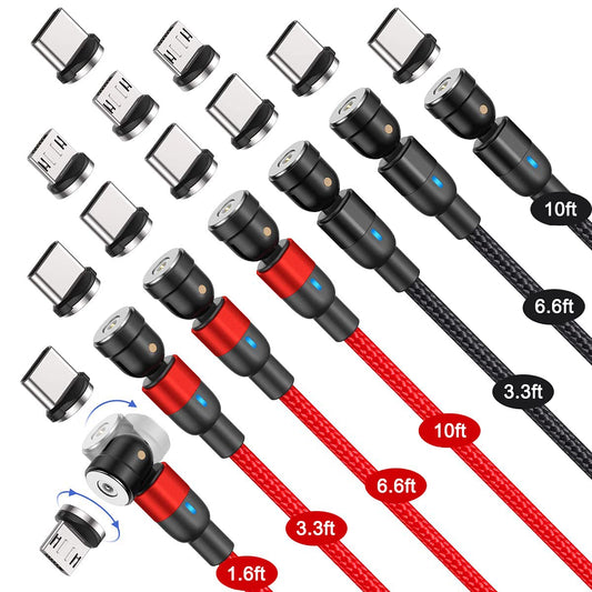 Bojianxin 540 Rotation Magnetic Charging Cable (7-Pack, 1.6ft/3.3ft/3.3ft/6.6ft/6.6ft/10ft/10ft) - 3 in 1 Magnetic Phone Charger Compatible with Micro USB, Type C etc