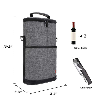 ALLCAMP 2 Bottle Wine Tote Carrier - Insulated Portable Padded Canvas Wine Bag for Travel, BYOB Restaurant, Wine Tasting, Party, Great Christmas Day Gift for Wine Lover，Gray