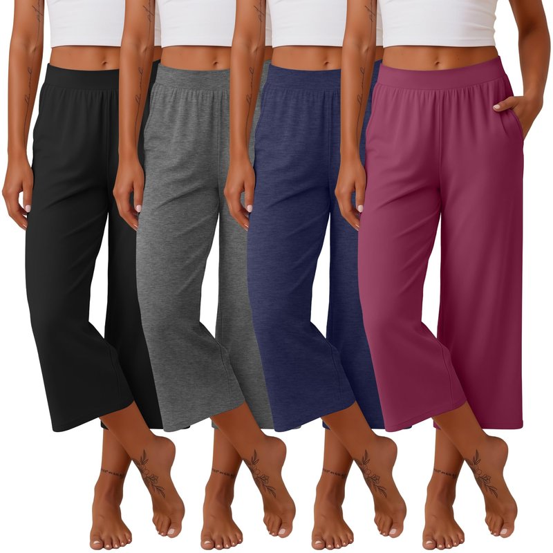 Neer 4 Pack Women's Capri Pants Wide Leg Capris Yoga Sweatpants Lounge Loose Fit High Waist Workout Cropped Pants with Pocket(Black, Heather Gray, Dark Blue, Fuchsia,Large)