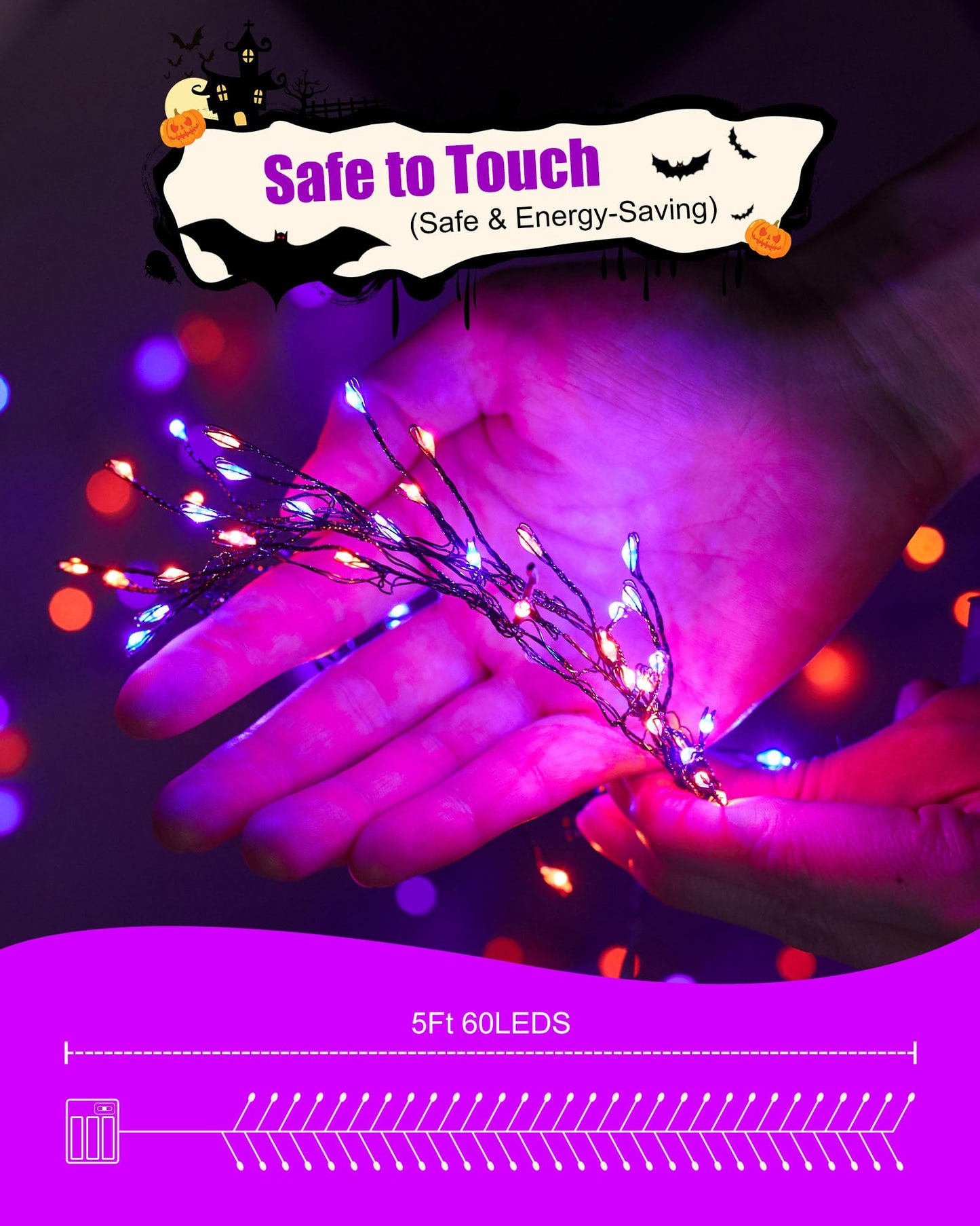 Fairy Lights Battery Operated, Twinkle String Lights Waterproof Silver Wire 5 Feet 60 Led Firecracker Starry Lights for DIY Wreath Party Bedroom Mason Jar Indoor Halloween Decoration, Orange & Purple