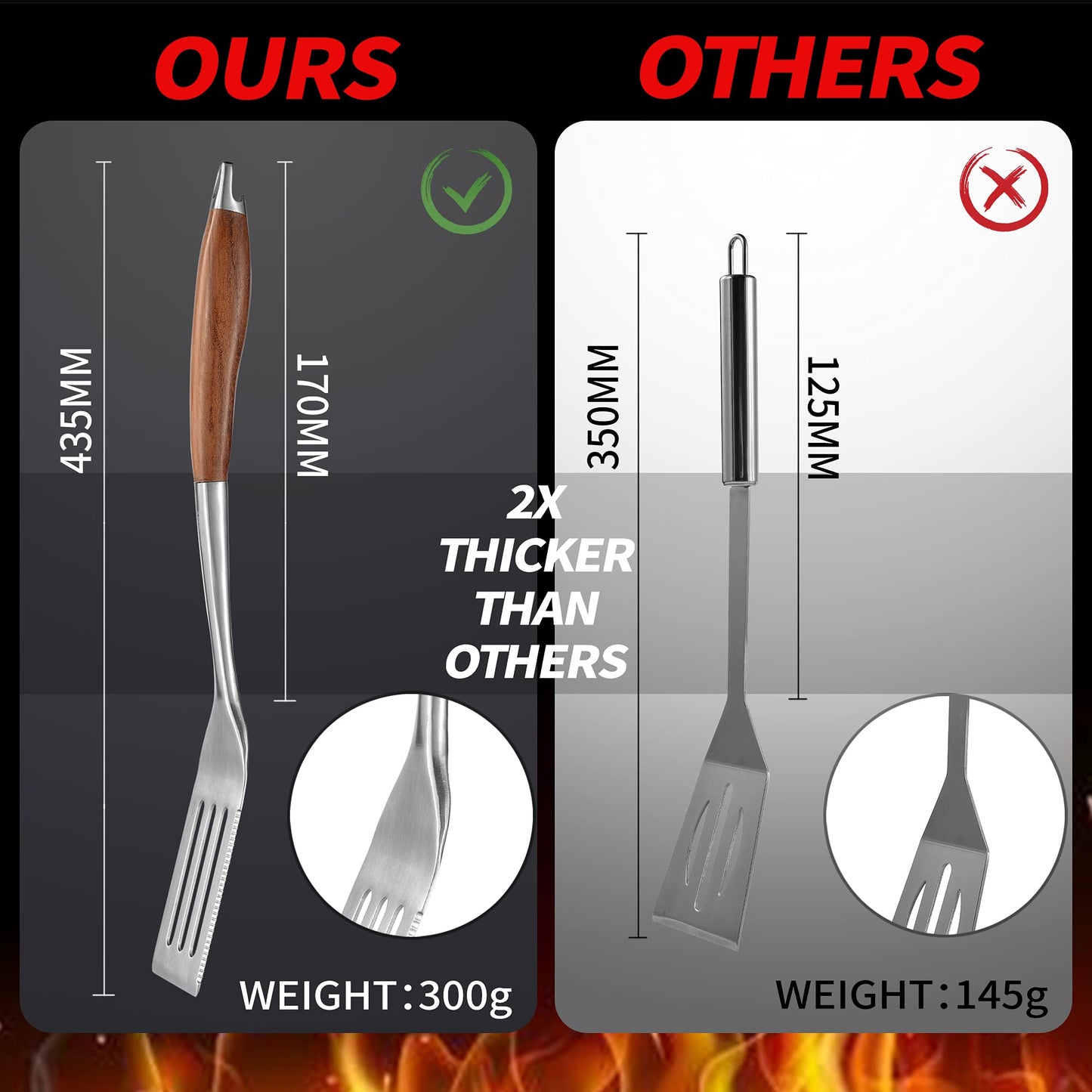 GRILAZ Heavy-Duty Rose Wooden BBQ Grilling Tools Set. Extra Thick Stainless Steel Multi-Function Spatula, Fork & Tongs | Essential Accessories for Barbecue & Grill. Ideal Gift for Father…