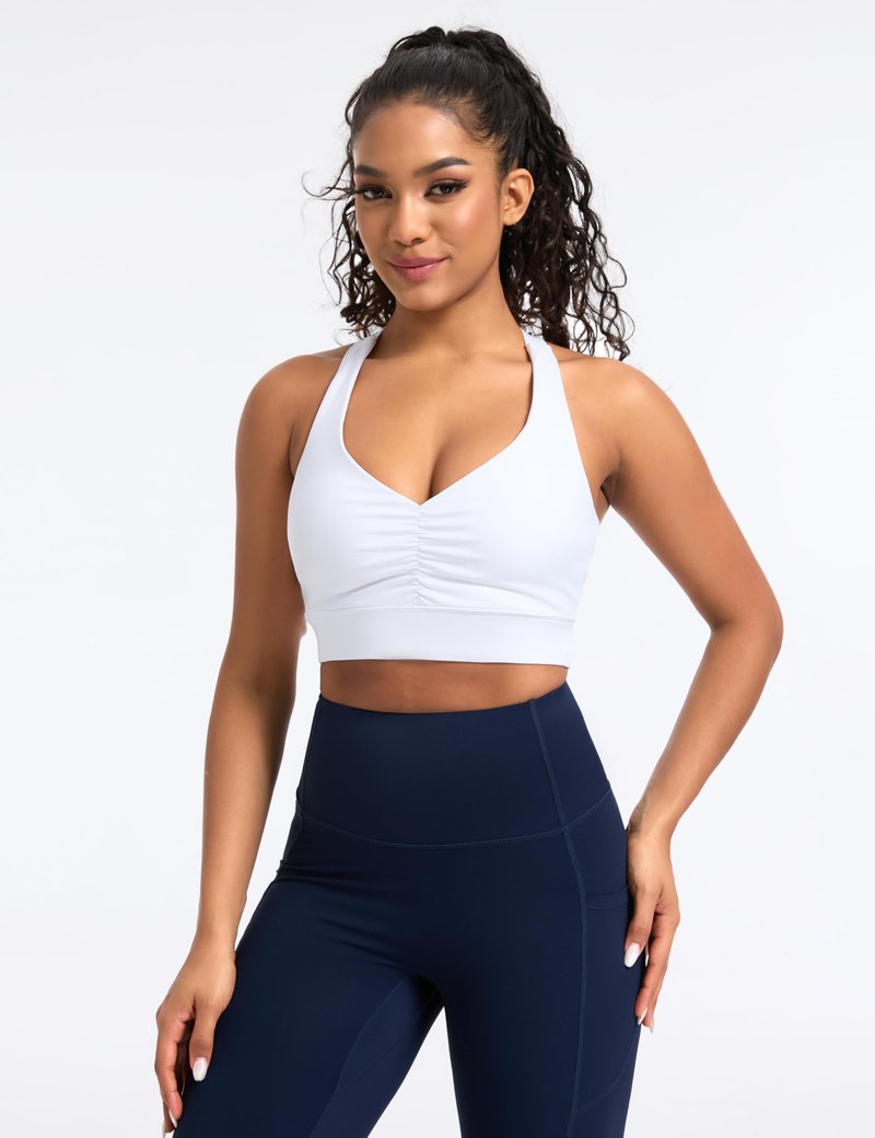 THE GYM PEOPLE Women's Cross Back Ruched Sports Bra V Neck Wide Straps Removable Pads Workout Yoga Crop Top White