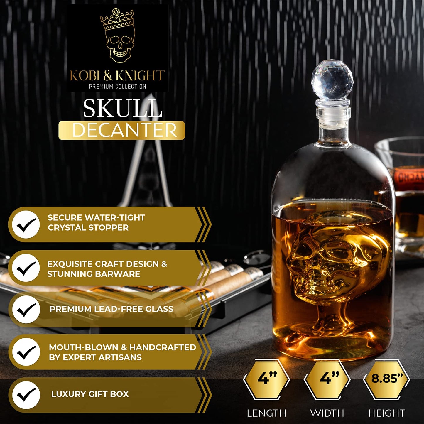 Kobi & Knight Premium Skull Decanter - Borosilicate Glass - for Vodka, Whiskey, Rum, Gin, Tequila Bottle - 25fl oz / 750ml Skull Barware