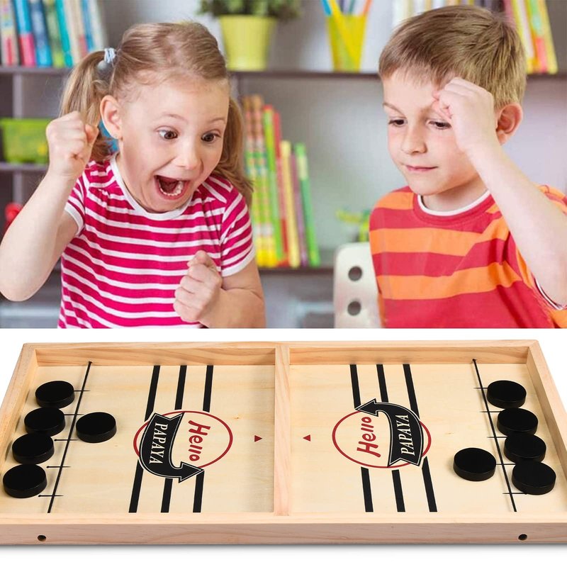 HELLO PAPAYA Fast Sling Puck Game - Test Your Speed and Accuracy with This Fast-Paced Wooden Air Hockey Desktop Battle Board Game - Guaranteed Fun Gifts for Family Night or Friends Party