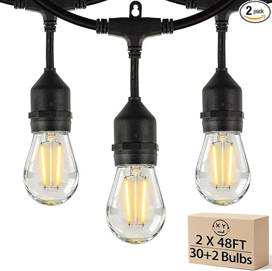 Outdoor String Lights,Super Bright LED - 2 Pack 48FT 15 S14 Bulbs(1 Spare), IP65 Waterproof, Commercial Grade & Shatterproof, Dimmable, UL Listed for Patio, Porch, Backyard, Gazebo