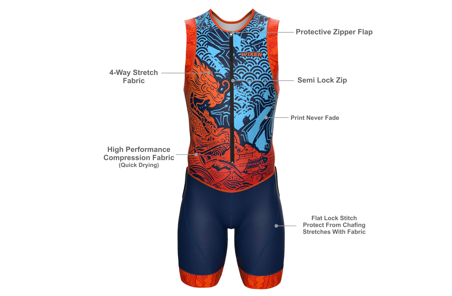Wixen Men’s Triathlon Suit –Breathable & Padded Tri Suit for Swim, Bike & Run | Race Day Gear for Triathletes - Navy Dragon-M