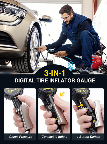 AZUNO Digital Tire Inflator with Pressure Gauge, 200 PSI, Heavy Duty Air Compressor Accessories, with Rubber Hose Lock on Air Chuck and Quick Connect Coupler, Comes with a Portable Carrying Box
