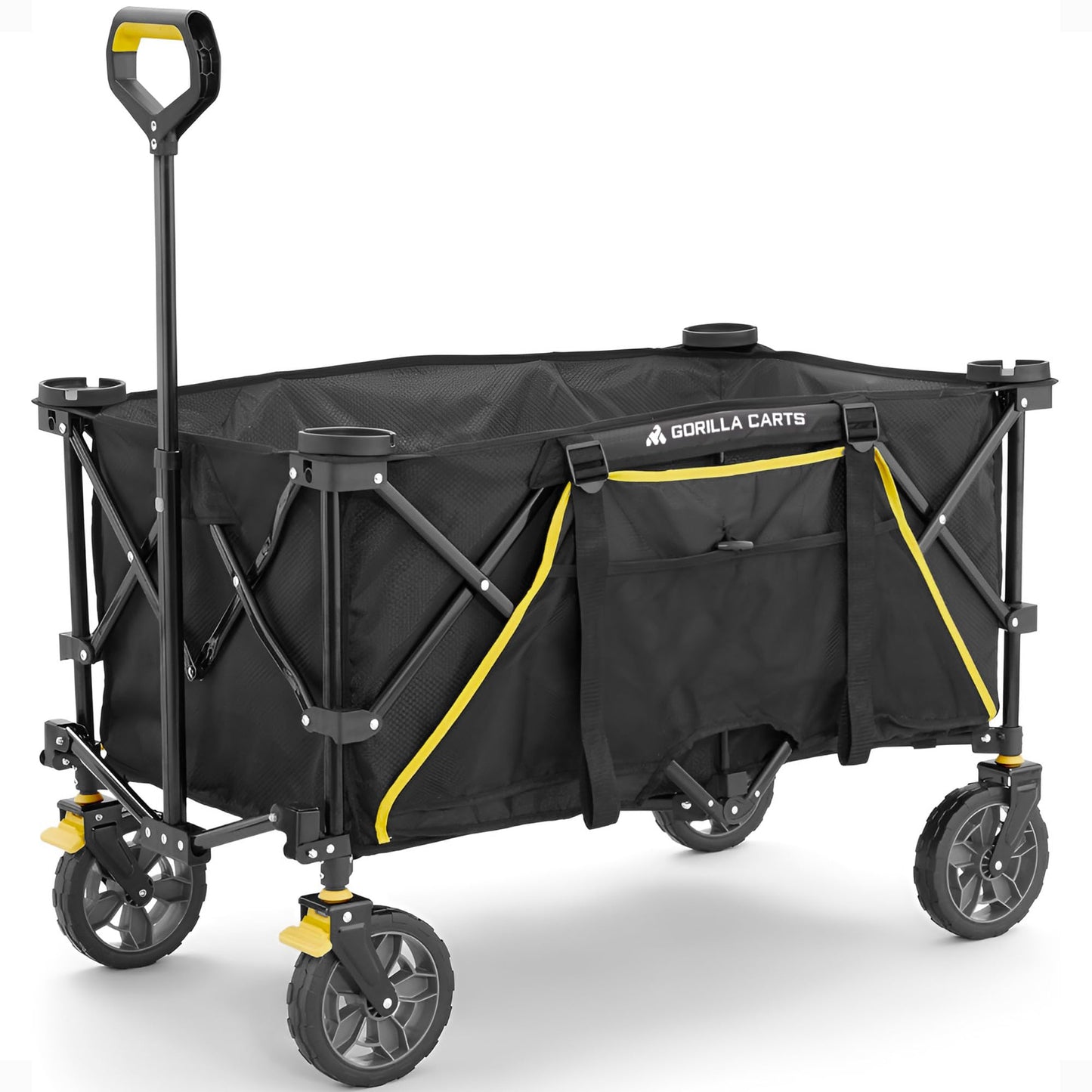 Gorilla Carts 7 cu ft 185L Capacity Foldable Festival Wagon Collapsible Durable All Terrain Utility Pull Camping Wagon with Oversized Bed and Built-in Cup Holders, Garden Trolley Black Load up to 70kg
