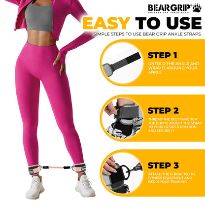 BEAR GRIP Resistance Bands with Ankle Straps – Glute & Leg Workout Equipment, Booty Bands for Women, Exercise Band for Kickbacks, Hip Thrusts & Home Gym Fitness Equipment (Black, Cables)