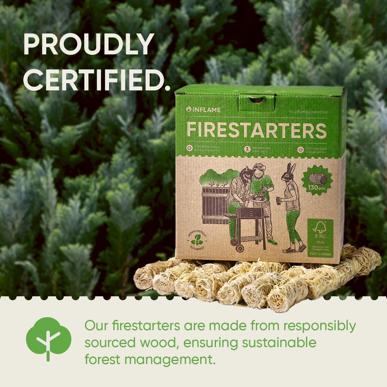 Inflame Fire Starters 130 pcs Fire Starters for Campfires, Grill, BBQ, Fireplace, Woodstove - Charcoal Starter - Waterproof, Weather-Resistant - Natural Wood Fireplace Starters