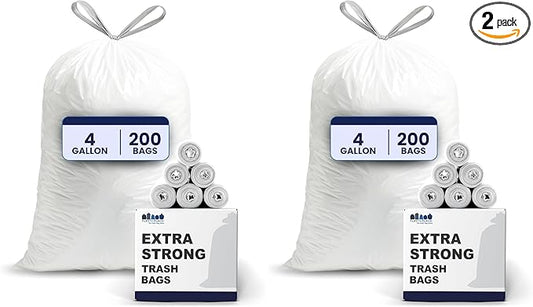 Plasticplace 4 Gallon White Drawstring Trash Bags, – 0.7 Mil Leak-Proof Garbage