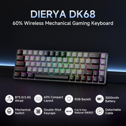 Dierya DK68 Wireless Gaming Keyboard, Triple Mode-Bluetooth/2.4GHz/USB-C Mechanical Keyboard, RGB Backlit, Linear Red Switch for Gaming & Office, Black Grey