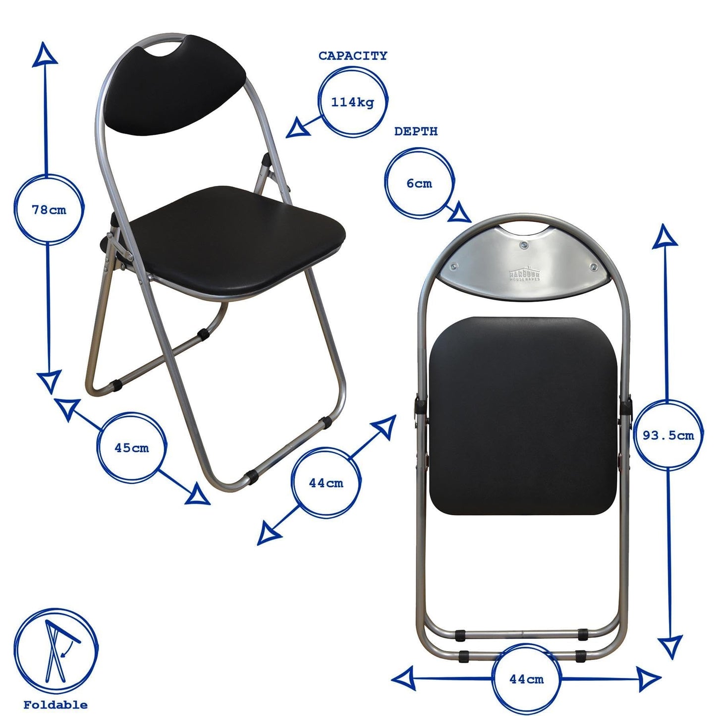 Harbour Housewares Padded Folding Chair - Solid Grey - Pack of 1 - Easy Store Metal Frame Foldable Desk Chair for Office, Dining, Kitchen