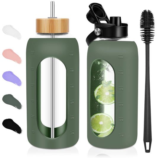 FULBEVY Glass Water Bottles 64 oz - Half Gallon Large Motivational Daily Water Intake Bottle Time Marker - Glass Water Bottle With Straw, Silicone Sleeve 2 Lids, Handle Spout & Bamboo Lid(Olive)