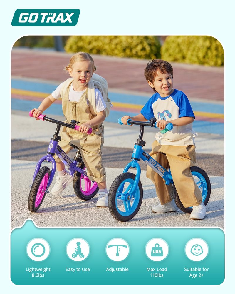 Gotrax KS12 Balance Bike for 2-5, 12" Toddlers Push Bike with LED Light, Adjustable Seat & Handlebar, Flat-Free Tires & Easy Assembly Kids Bicycle, Lightweight & No Pedal, Gift for Boys Girls, Blue
