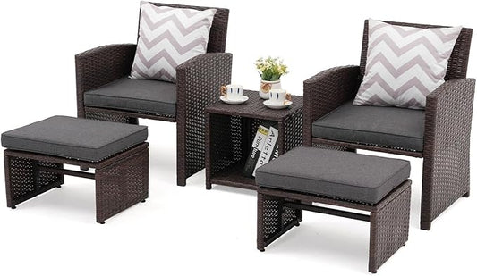 OC Orange-Casual 5 Pcs Patio Conversation Set Balcony Furniture Set with Cushions, Brown Wicker Chair with Ottoman, Storage Table for Backyard, Garden, Porch, Dark Grey