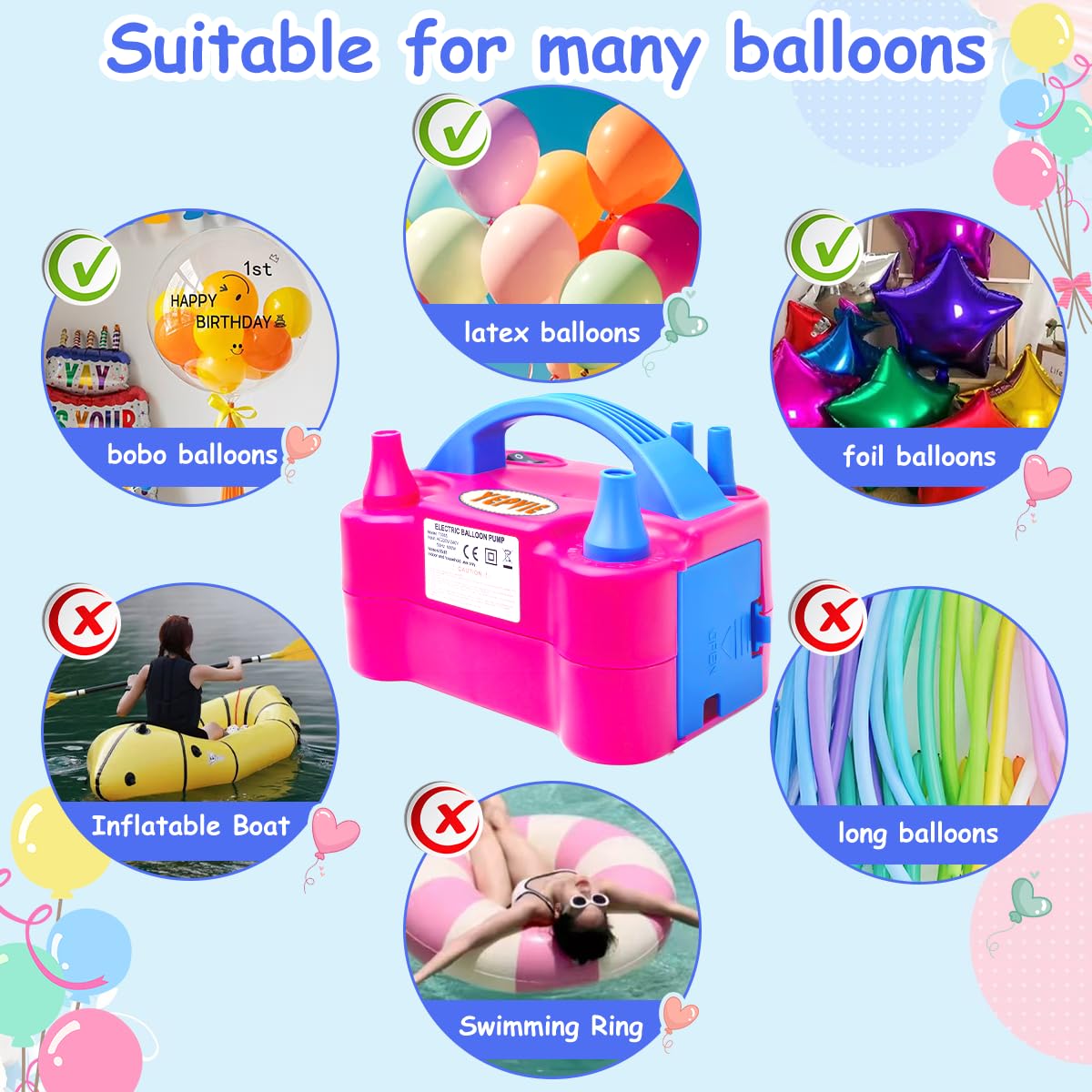 YEPVIE Electric Balloon Pump UK, Portable 2 Modes Balloon Inflator with 6 Balloon Arch Kits, Electric Air Pump for Balloons, Professional Electric Balloon Blower Machine for Birthday Party Decoration