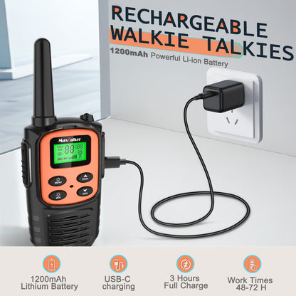 Walkie Talkies Long Range for Adult, MT10 Rechargeable Walkie Talkies FRS Two Way Radio, NOAA, 1200mAh Li-ion Battery USB-C Cable, LED Flashlight, VOX Walkie Talkie for Hiking Camping 2Pack