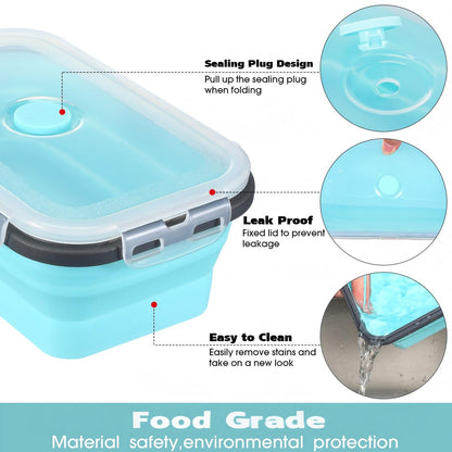 Zopeal 8 Pcs Collapsible Food Storage Containers Foldable Silicone Lunch Containers with Lids 4 Silicone Rectangle Collapsible Bowls and 4 Round Food Bowls Microwave Freezer Dishwasher Safe (Blue)