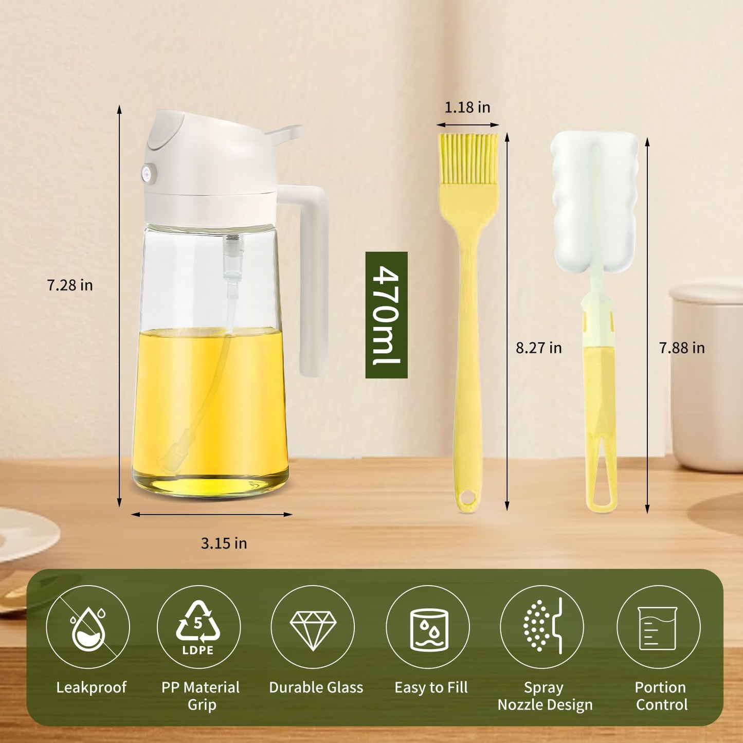 Oil Dispenser for Kitchen, 2 in 1 Olive Oil Sprayer, Olive Oil Dispenser Spray Bottle with Brush, Oil Sprayer for Cooking for Air Fryer, Barbecue, Salad 16oz/470ml (Black)