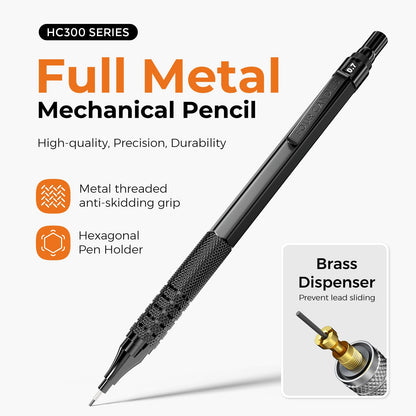 Four Candies Metal Mechanical Pencil Set, 3PCS Art Drafting Pencils 0.5, 0.7, 0.9MM & 2PCS 2MM Mechanical Drawing Pencils with 420PCS Leads (4B 2B HB 2H Color) for Writing Sketching Drawing (Black)
