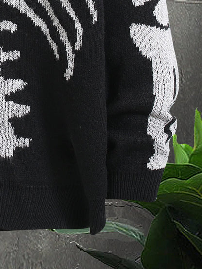 SHENHE Men's Skeleton Pattern Cardigan Sweaters Long Sleeve Unisex Outwear Knitted Coats Black XL