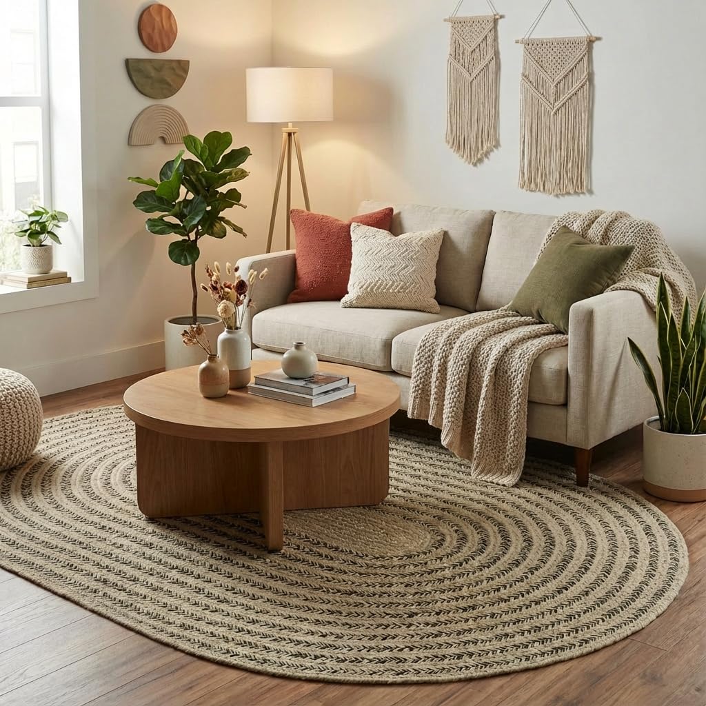 Cotton Braided Rug - 4' x 6' Beige and Brown Oval Woven Farmhouse Rug for Bedroom - Braided Minimalist Rugs for Living Room - Rustic Primitive Rugs for Breakfast Nook
