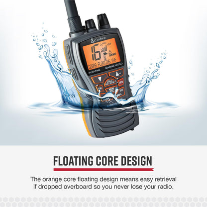 Cobra MR HH350 FLT Handheld Floating VHF Marine Radio - 6 Watt, Submersible, Noise Cancelling Mic, Backlit LCD Display, NOAA Weather, and Memory Scan, Grey