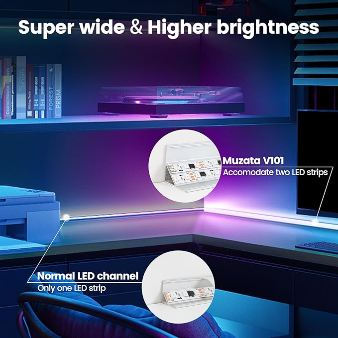 Muzata 10Pack 6.6FT/2M Plus-Size Spotless V Shape LED Channel Silver Aluminum LED Diffuser Channel with Milky White Cover V101 WW 2M