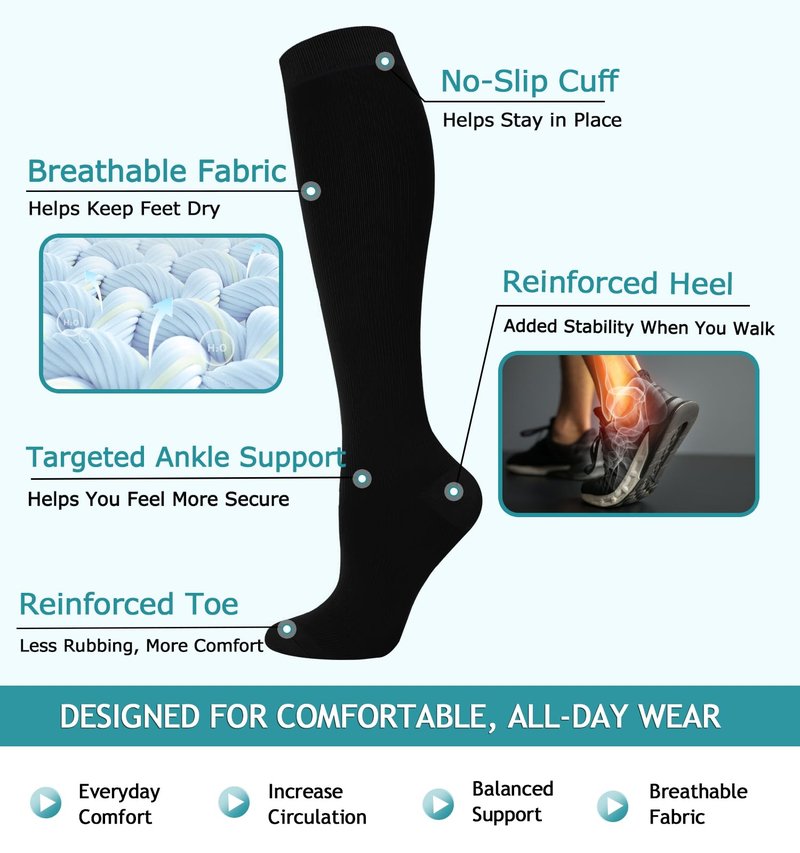 Compression Socks for Women and Men, Circulation Support Stockings, Black 15-20 mmHg, Work Walking Wear, Flying Travel, Nurses