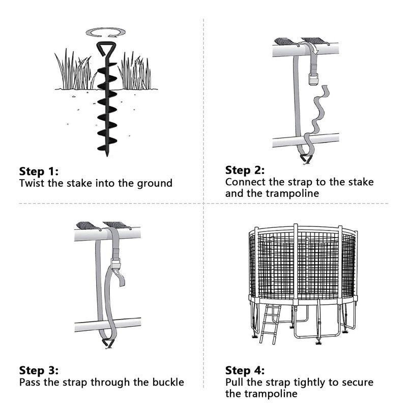 Eurmax USA 4 Pack Heavy Duty Ground Stakes,Industrial Grade Spiral Steel Screw-in Trampoline Anchors with 4 Reinforced Straps,High Wind Stabilizing Kit for Dog Tie-Out,Canopies,Sheds,Swing Sets,Black