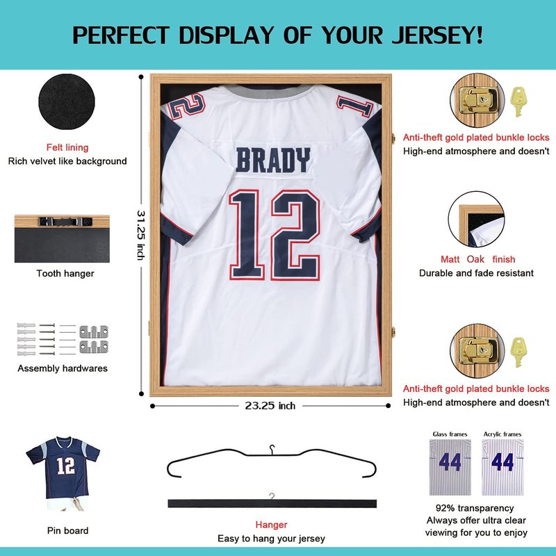 KCRasan Jersey Frame Display Case - Jersey Display Case - Large Lockable Frames Shadow Box with UV Protection for Baseball Basketball Football Soccer Hockey Sport Shirt Military Uniform Oak Finish