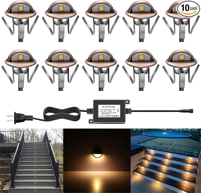 Low Voltage LED Deck Lighting Kits with Transformer, 10 Pack IP65 Waterproof Outdoor Recessed Wall Patio Stairs Step Garden Yard Decorations Landscape Lights (Warm White, Bronze)