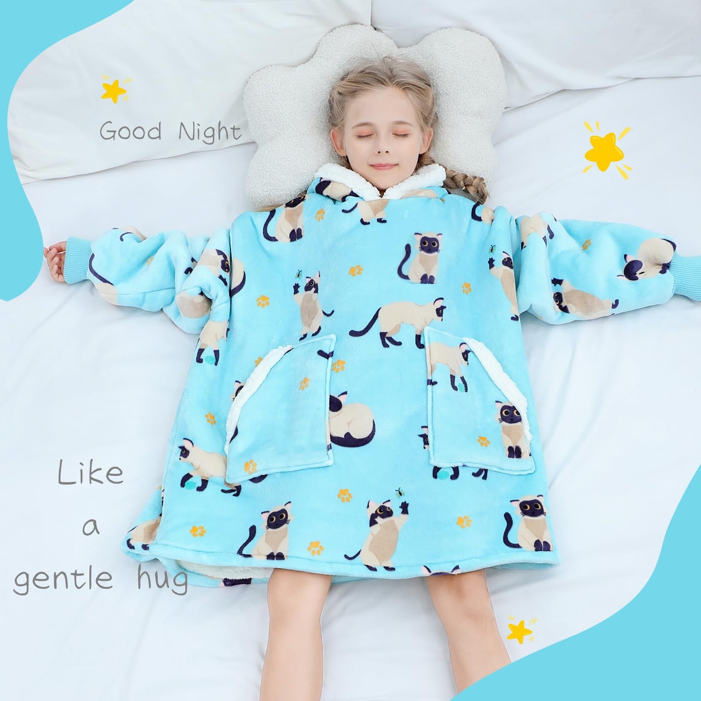 Kipswiza Siamese Cat Wearable Blanket Hoodie for Kids - Oversized Sherpa Fleece Hooded Sweatshirt, Cozy Gift for Girls Boys 6-13 (4'3"-4'11"), Cat Print, Light Blue