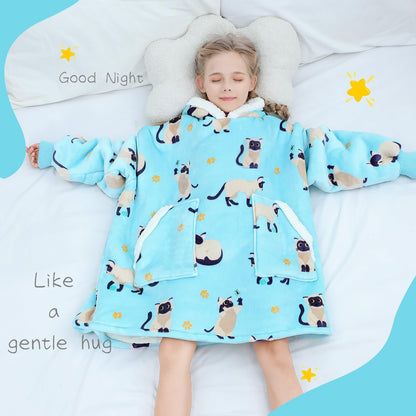 Kipswiza Siamese Cat Wearable Blanket Hoodie for Kids - Oversized Sherpa Fleece Hooded Sweatshirt, Cozy Gift for Girls Boys 6-13 (4'3"-4'11"), Cat Print, Light Blue