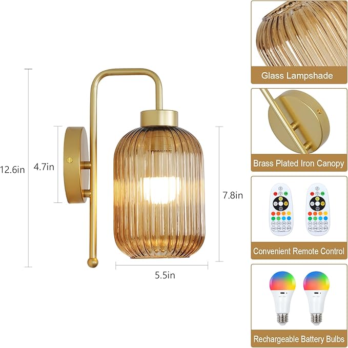 Vintage Gold Wireless Wall Sconces Battery Operated, Rechargeable Wall Lights Set of 2 with Amber Stripe Glass Shade, Remote and Bulb, Cordless Sconces Wall Decor for Bedroom Living Room