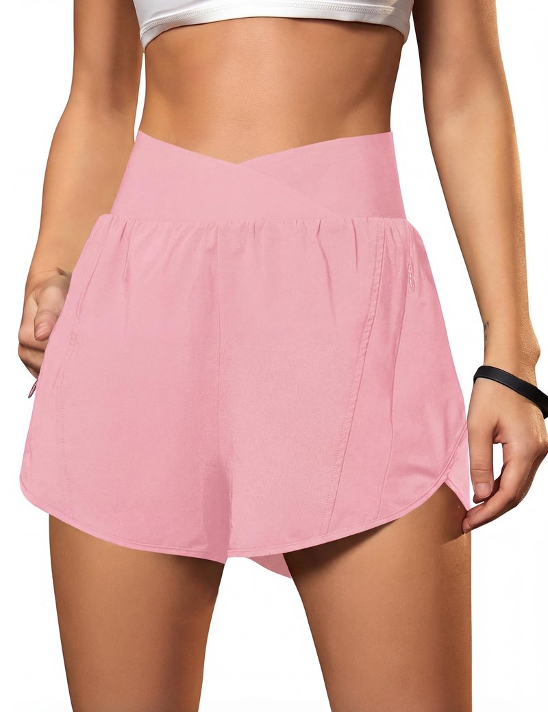 Blooming Jelly Women's Workout Shorts Athletic Running Elastic High Waisted Black Gym Yoga Shorts with Zipper Pockets (Light Pink,Medium)