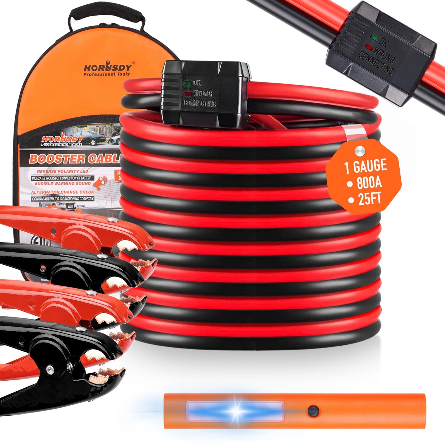 HORUSDY 25FT Jumper Cables, 1-Gauge 800A Heavy Duty Jumper Battery Cables 25 Ft Booster Jump Start, Reverse Polarity Protection - ETL Certified
