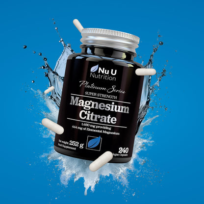 Magnesium Citrate 1480mg - 240 Vegan Capsules - 4 Month Supply - Providing 444mg Elemental Mag - Capsules not Tablets - High Strength Supplement - Made in The UK - Nu U Nutrition