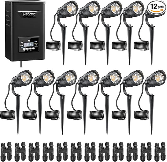 HIBOITEC Low Voltage Landscape Lighting 1200LM 12W with Connectors 200W Transformer Photocell Sensor and Timer Spotlights Landscape Lights Kit IP65 Waterproof 2700K for House Yard Trees 12 Packs