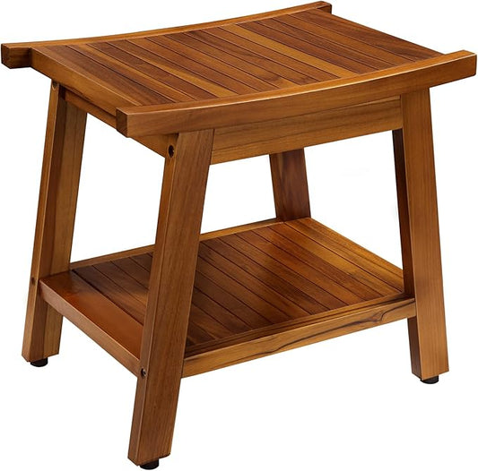 TEAKMAMA 21 Inch Teak Shower Bench with Storage Shelf and Handles, Teak Wood Shower Stool Waterproof Bath Chair for Indoor and Outdoor Use, Bathroom Stools for Adults Sitting