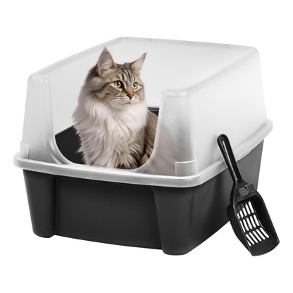 IRIS USA Large Open Top Cat Litter Box with High Sides, Scatter Shield & Scoop, Black - Easy Clean Plastic Litter Pan for Indoor Cats, Kittens or Multicat Homes